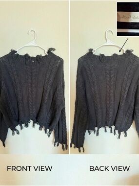 Altar'd State Black Distressed Cable Knit Cropped Sweater